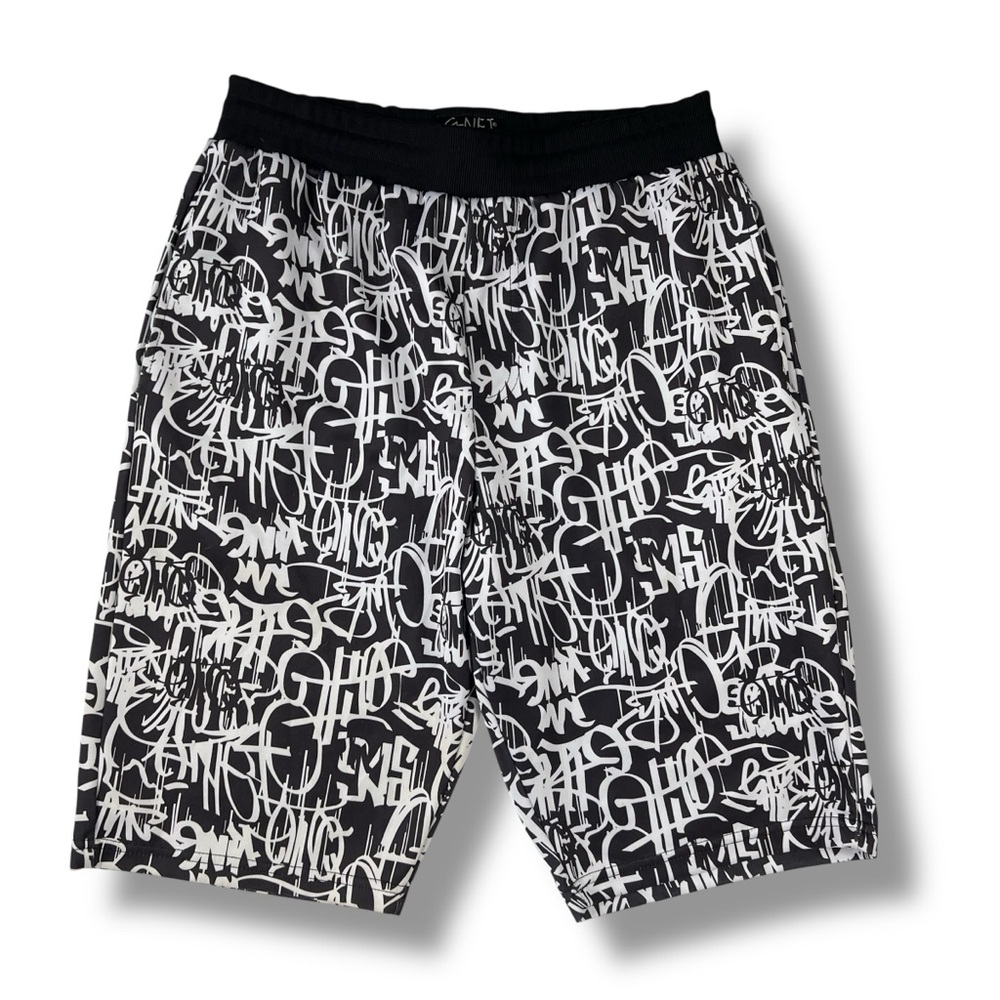 G-Net Shorts Mens M Medium Black White Graffiti Drawstring Elastic Waist